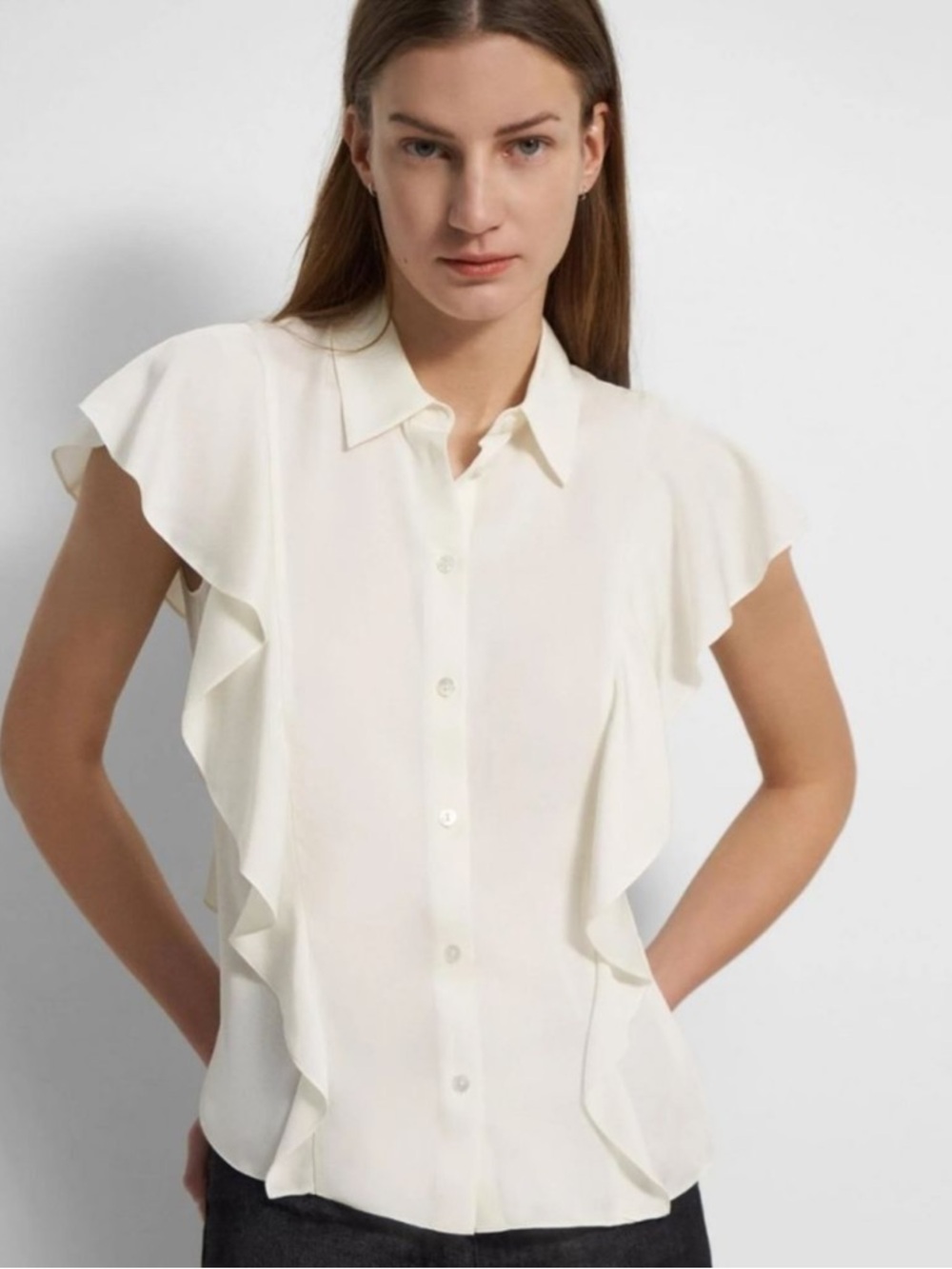 Theory Women's BD Ruffle Button-Down 100% Silk Top Ivory Size L Retail $295